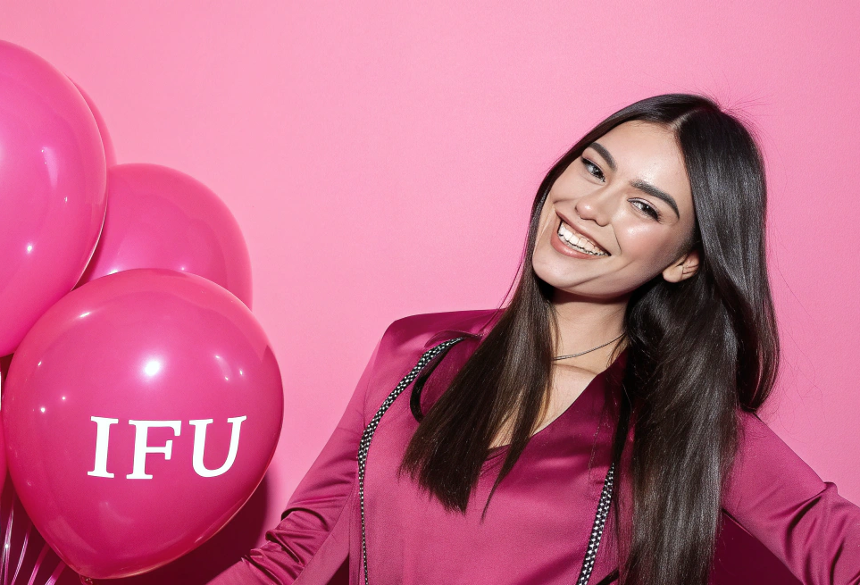 Frau mit Luftballons vor rosa Hintergrund
